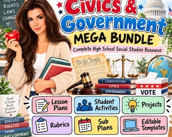 Puede incluir: Un paquete de recursos educativos 9th Grade Civics & Government Mega Bundle con un mazo, libros, un globo terráqueo y una urna. El texto dice 9th Grade Civics & Government Mega Bundle, Complete High School Social Studies Resource y Vote.