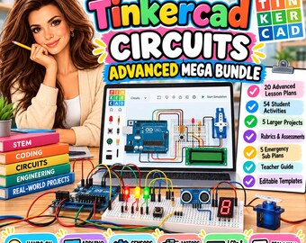 May include: A digital educational bundle titled Middle School Tinkercad Circuits Advanced Mega Bundle featuring a laptop displaying circuit diagrams, a breadboard with electronic components, LEDs, and a servo motor on a desk.