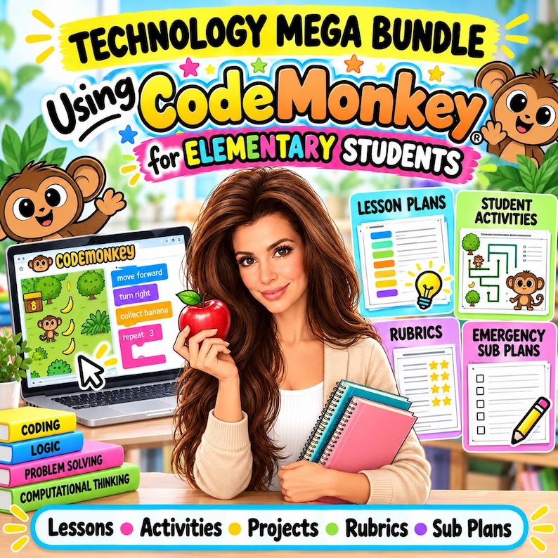 Pu&ograve; includere: Un pacchetto educativo digitale intitolato Technology Mega Bundle Using CodeMonkey for Elementary Students, che mostra un computer portatile con compiti di programmazione, una mela rossa, quaderni e icone per piani di lezione e attivit&agrave;.