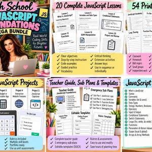 Puede incluir: Un conjunto de recursos educativos High School JavaScript Foundations que incluye 20 lecciones, 54 actividades imprimibles, 5 proyectos, gu&iacute;as para docentes, planes de sustituci&oacute;n y plantillas editables de programaci&oacute;n.