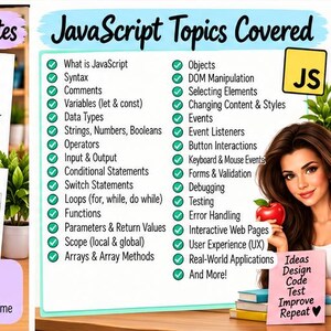 Puede incluir: Un p&oacute;ster educativo blanco titulado JavaScript Topics Covered con una lista de conceptos de programaci&oacute;n marcados con marcas de verificaci&oacute;n verdes. Un icono JS amarillo est&aacute; en la esquina, y una persona sostiene una manzana roja y una nota rosa que dice Ideas Design Code Test Improve Repeat.