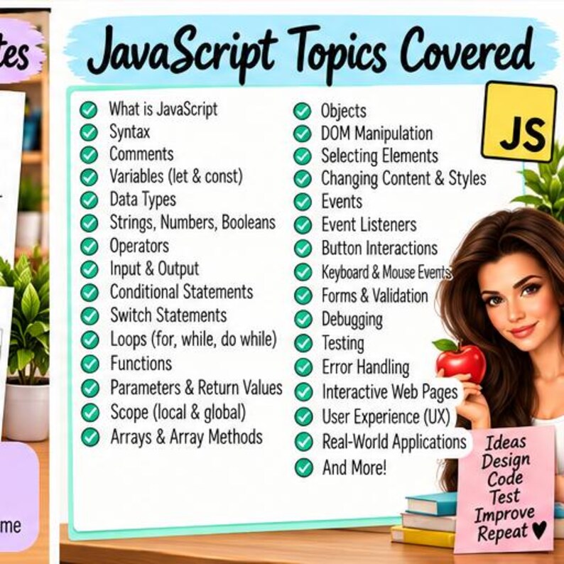 Puede incluir: Un p&oacute;ster educativo blanco titulado JavaScript Topics Covered con una lista de conceptos de programaci&oacute;n marcados con marcas de verificaci&oacute;n verdes. Un icono JS amarillo est&aacute; en la esquina, y una persona sostiene una manzana roja y una nota rosa que dice Ideas Design Code Test Improve Repeat.