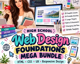 Pode incluir: Um recurso educacional digital intitulado High School Web Design Foundations Mega Bundle apresentando uma pilha de livros rotulados HTML, CSS, UI/UX e Web Design, um monitor de computador com software de design e uma lista de verificação de materiais.