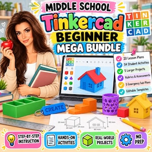 Op de afbeelding: Een Tinkercad Middle School Beginner Mega Bundle educatieve set met een laptop die een 3D-huismodel toont, een groene opbergbak, een blauwe sleutelhanger met de tekst CREATE, een paarse pennenhouder en een geel huismodel.