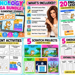 K&ouml;nnte beinhalten: Ein digitales Lehrmaterial-Paket f&uuml;r Grundsch&uuml;ler mit Scratch, das 20 Unterrichtspl&auml;ne, 54 druckbare Aktivit&auml;ten, 5 gro&szlig;e Projekte, Bewertungsraster, 5 Vertretungsstunden, einen Lehrerleitfaden und bearbeitbare Vorlagen mit bunten Grafiken enth&auml;lt.