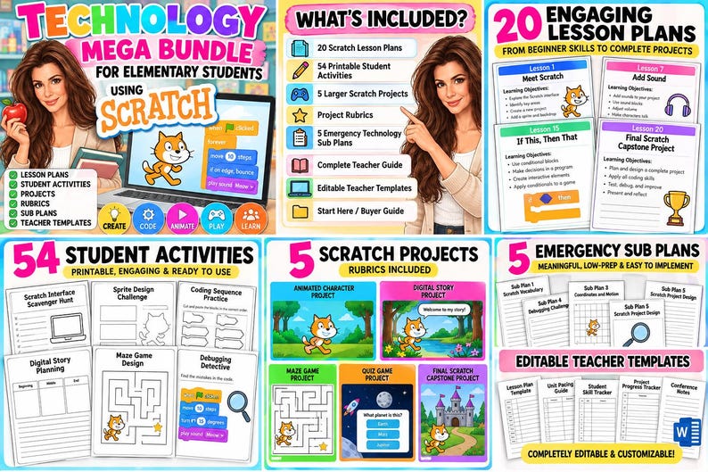 K&ouml;nnte beinhalten: Ein digitales Lehrmaterial-Paket f&uuml;r Grundsch&uuml;ler mit Scratch, das 20 Unterrichtspl&auml;ne, 54 druckbare Aktivit&auml;ten, 5 gro&szlig;e Projekte, Bewertungsraster, 5 Vertretungsstunden, einen Lehrerleitfaden und bearbeitbare Vorlagen mit bunten Grafiken enth&auml;lt.