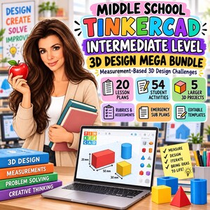 Middle School Tinkercad Precision 3D Design Mega Bundle | Measurement, Blueprint, Modeling Lessons and Projects