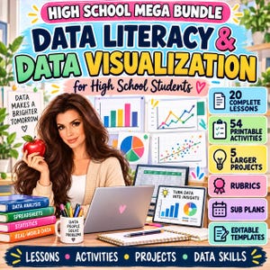 Może przedstawiać: Cyfrowy pakiet edukacyjny zatytułowany High School Mega Bundle Data Literacy & Data Visualization for High School Students. Zawiera stos książek, laptopa, kubek z długopisami oraz wykresy przedstawiające analizę danych i statystyki.