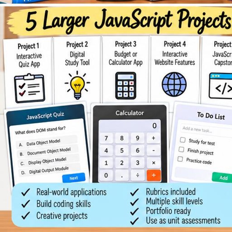 Puede incluir: Un gr&aacute;fico educativo titulado 5 Larger JavaScript Projects que enumera cinco tareas de programaci&oacute;n con iconos, incluyendo un cuestionario interactivo, una calculadora y una lista de tareas. La secci&oacute;n inferior destaca caracter&iacute;sticas como aplicaciones del mundo real.