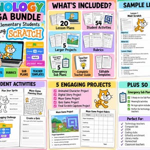 K&ouml;nnte beinhalten: Ein digitales Technologie-Paket f&uuml;r Grundsch&uuml;ler mit Scratch, das Unterrichtspl&auml;ne, Sch&uuml;leraktivit&auml;ten, Projekte, Rubriken, Vertretungspl&auml;ne und Lehrervorlagen enth&auml;lt. Die Materialien umfassen Programmiersequenzen, Labyrinthspiele und Projektbewertungen.