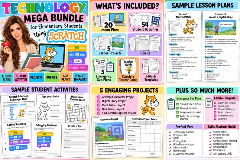 K&ouml;nnte beinhalten: Ein digitales Technologie-Paket f&uuml;r Grundsch&uuml;ler mit Scratch, das Unterrichtspl&auml;ne, Sch&uuml;leraktivit&auml;ten, Projekte, Rubriken, Vertretungspl&auml;ne und Lehrervorlagen enth&auml;lt. Die Materialien umfassen Programmiersequenzen, Labyrinthspiele und Projektbewertungen.