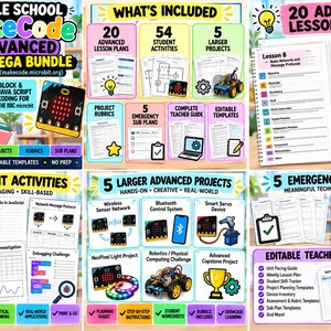 K&ouml;nnte beinhalten: Ein digitales Bildungsb&uuml;ndel f&uuml;r Middle School MakeCode Advanced mit 20 Unterrichtspl&auml;nen, 54 Sch&uuml;leraktivit&auml;ten, 5 gr&ouml;&szlig;eren Projekten, Projektbewertungen, 5 Notfallpl&auml;nen, einem Lehrerhandbuch und bearbeitbaren Vorlagen.