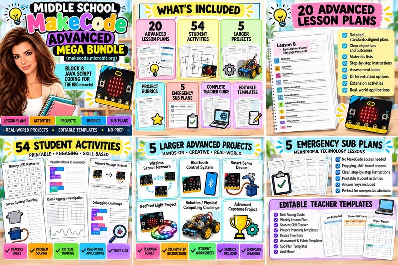 K&ouml;nnte beinhalten: Ein digitales Bildungsb&uuml;ndel f&uuml;r Middle School MakeCode Advanced mit 20 Unterrichtspl&auml;nen, 54 Sch&uuml;leraktivit&auml;ten, 5 gr&ouml;&szlig;eren Projekten, Projektbewertungen, 5 Notfallpl&auml;nen, einem Lehrerhandbuch und bearbeitbaren Vorlagen.