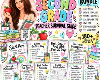 May include: A digital bundle titled The Complete Second Grade Teacher Survival Guide featuring colourful illustrations of apples, hearts, books, and pencils. The graphic includes text lists for classroom management, lesson plans, and student activities.