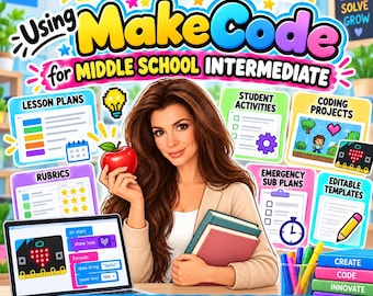以下が含まれることがあります： Technology Mega Bundle Using MakeCode for Middle School Intermediateというタイトルのデジタル教材。赤いリンゴと本を持つ人物が描かれ、その周囲にはレッスン計画やコーディングプロジェクトを示すアイコンが配置されています。
