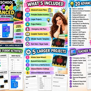 K&ouml;nnte beinhalten: Ein digitales Bildungsb&uuml;ndel mit dem Titel Middle School MakeCode Advanced Technology Mega Bundle, das 20 Unterrichtspl&auml;ne, 54 druckbare Sch&uuml;leraktivit&auml;ten, 5 gr&ouml;&szlig;ere Projekte, Projektbewertungen, Vertretungspl&auml;ne und Lehrerhandb&uuml;cher enth&auml;lt.