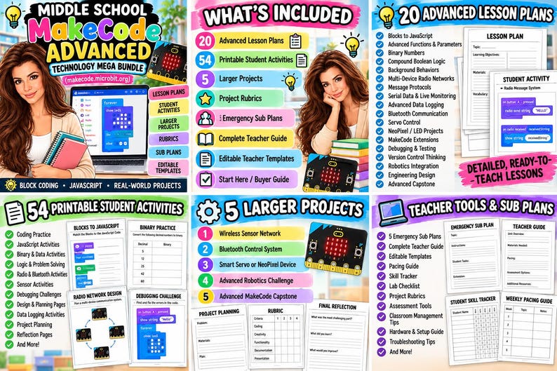 K&ouml;nnte beinhalten: Ein digitales Bildungsb&uuml;ndel mit dem Titel Middle School MakeCode Advanced Technology Mega Bundle, das 20 Unterrichtspl&auml;ne, 54 druckbare Sch&uuml;leraktivit&auml;ten, 5 gr&ouml;&szlig;ere Projekte, Projektbewertungen, Vertretungspl&auml;ne und Lehrerhandb&uuml;cher enth&auml;lt.