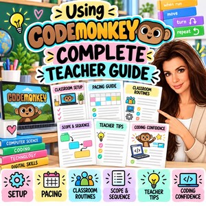 Pu&ograve; includere: Una guida completa per insegnanti CodeMonkey con un computer portatile che mostra una scimmia, una pila di libri colorati etichettati Computer Science, Coding, Technology, Digital Skills e diverse schede didattiche per la classe.