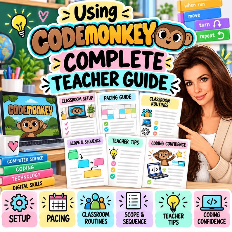 Pu&ograve; includere: Una guida completa per insegnanti CodeMonkey con un computer portatile che mostra una scimmia, una pila di libri colorati etichettati Computer Science, Coding, Technology, Digital Skills e diverse schede didattiche per la classe.