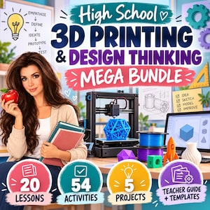 Könnte beinhalten: Ein digitales Bildungsset mit dem Titel High School 3D Printing & Design Thinking Mega Bundle. Es enthält einen 3D-Drucker, blaues Filament, eine gedruckte geometrische Form, einen Computerbildschirm und vier kreisförmige Symbole mit 20 Lektionen, 54 Aktivitäten, 5 Projekten und Lehrerhandbüchern.