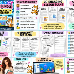 K&ouml;nnte beinhalten: Ein digitales Unterrichtspaket f&uuml;r Grundsch&uuml;ler mit Scratch, das 20 Unterrichtspl&auml;ne, 54 Sch&uuml;leraktivit&auml;ten, 5 Projekte mit Bewertungsrubriken, 5 Vertretungsstundenpl&auml;ne, Lehrerhandb&uuml;cher und bearbeitbare Vorlagen f&uuml;r die Klassen 3-5 enth&auml;lt.