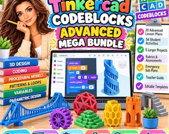 May include: A digital educational bundle for Tinkercad Codeblocks featuring a laptop displaying block-based coding, a stack of colourful books labelled with design topics, and various 3D printed models including a bridge, gear, and tower.
