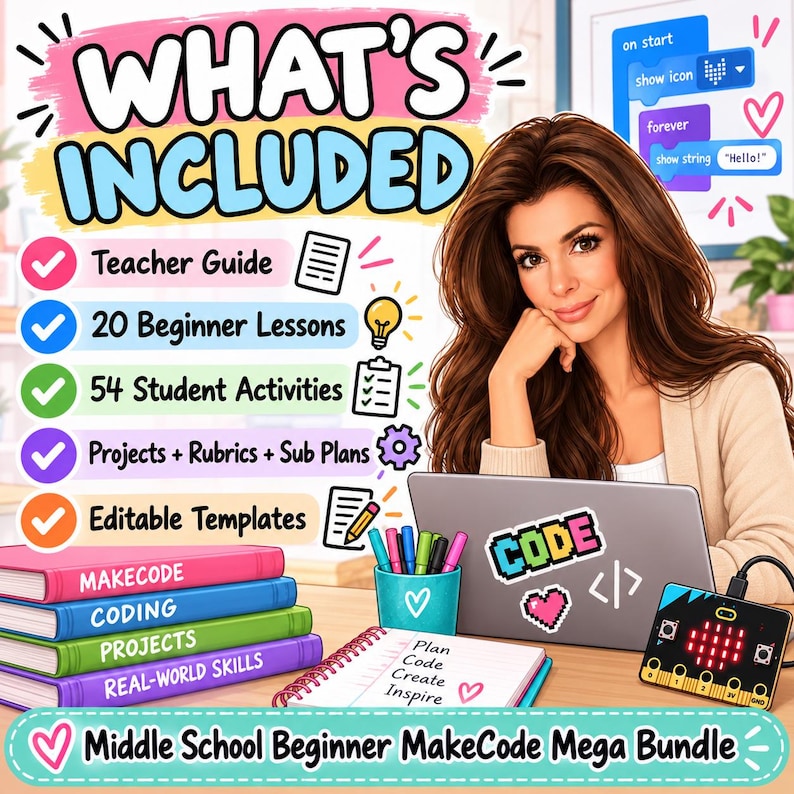 以下が含まれることがあります： Middle School Beginner MakeCode Mega Bundleというタイトルのデジタル教材で、教師用ガイド、20のレッスン、54のアクティビティ、プロジェクト、ルーブリック、代用プラン、編集可能なテンプレートなどの含まれる教材リストが表示されています。