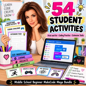 以下が含まれることがあります： 54 Student Activitiesと題されたデジタル教育バンドル。印刷されたワークシート、Microsoft MakeCodeを表示するノートパソコン、ハート付きのペン立て、Animate、Create a Game、Use Sensors、Make Artと書かれたカードが含まれています。