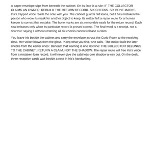 May include: A printed document titled The return record, featuring black text on a white background. The content describes a narrative about a paper envelope, a cabinet, and a collector, with instructions for a game or role-playing scenario.