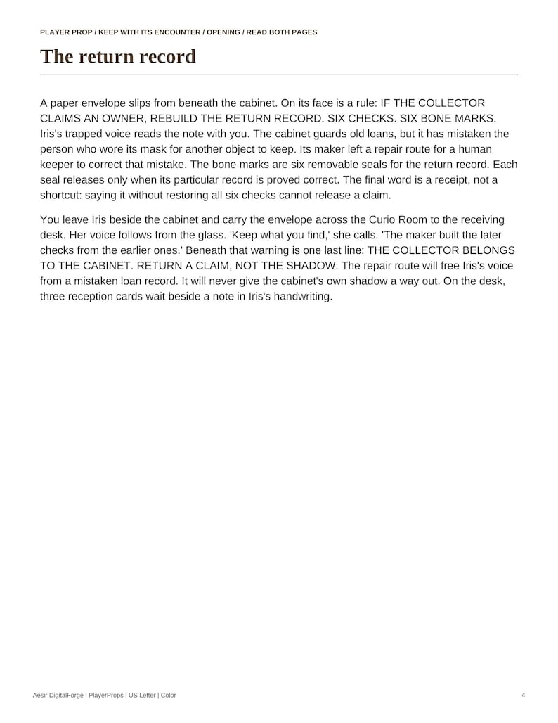 May include: A printed document titled The return record, featuring black text on a white background. The content describes a narrative about a paper envelope, a cabinet, and a collector, with instructions for a game or role-playing scenario.