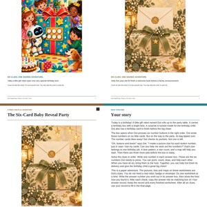 May include: A collection of four printable activity sheets featuring illustrations of a birthday party with a robot, a gift box with a wax-sealed envelope, and text describing a print-and-play adventure titled The Birthday Gift Machine.
