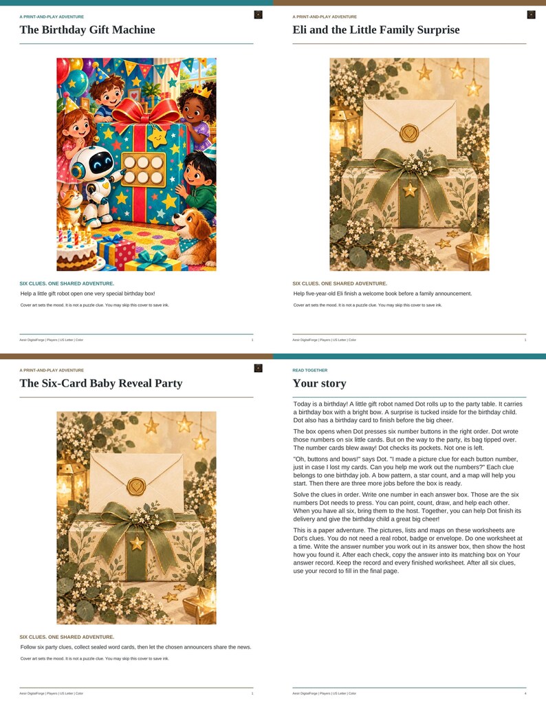 May include: A collection of four printable activity sheets featuring illustrations of a birthday party with a robot, a gift box with a wax-sealed envelope, and text describing a print-and-play adventure titled The Birthday Gift Machine.