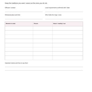 May include: A white wedding ceremony planner page with black text. The header reads Our Wedding / Gothic Nocturne and Our ceremony. It includes fields for officiant, rehearsal, and a table for moments, persons, and music cues. Footer says Aesir DigitalForge | Plan together. 20/32.