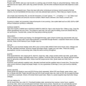 May include: A digital document titled Aesir Digital Forge - Cleaning Quote and Actual Workbook Edition 0.2.2. The text provides instructions for using a spreadsheet for business quotes, setup, recovery, and tracking actual results.