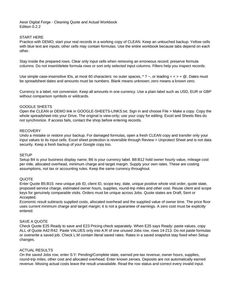 May include: A digital document titled Aesir Digital Forge - Cleaning Quote and Actual Workbook Edition 0.2.2. The text provides instructions for using a spreadsheet for business quotes, setup, recovery, and tracking actual results.
