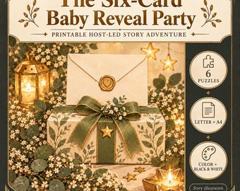 May include: A printable game set titled The Six-Card Baby Reveal Party featuring a gift box with a green ribbon, a star charm, and a wax-sealed envelope. The set includes six puzzles, letter and A4 formats, and color or black and white options.