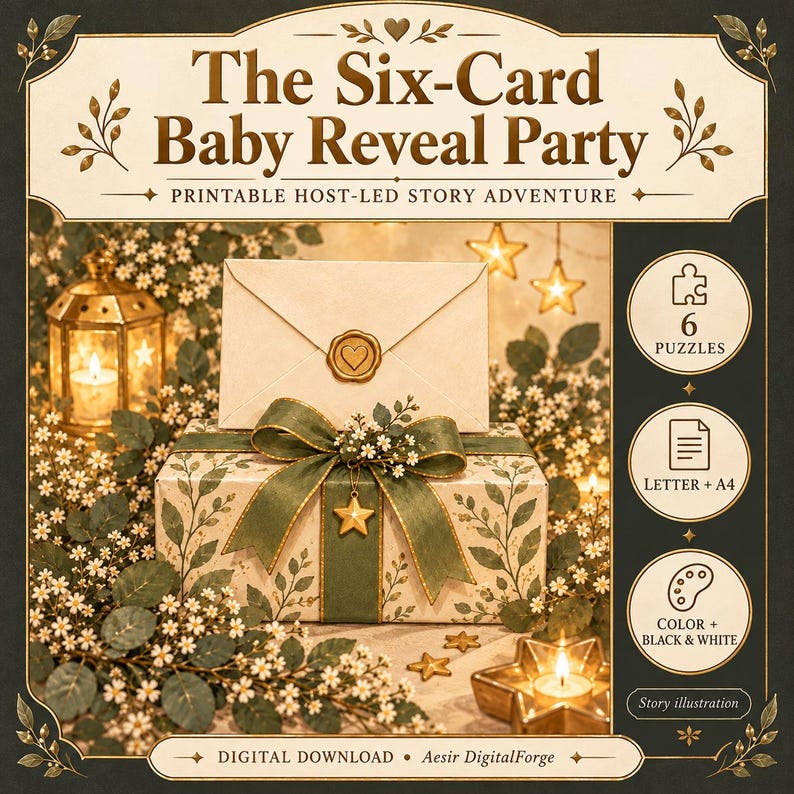 K&ouml;nnte beinhalten: Ein druckbares Spielset mit dem Titel The Six-Card Baby Reveal Party, bestehend aus einer Geschenkbox mit gr&uuml;nem Band, einem Sternanh&auml;nger und einem wachssiegelten Umschlag. Das Set enth&auml;lt sechs Puzzles, Letter- und A4-Formate sowie Farb- oder Schwarz-Wei&szlig;-Optionen.