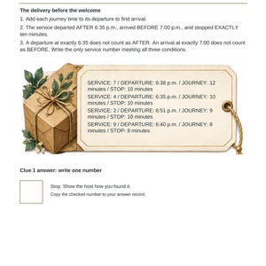 May include: A Clue 1 worksheet page featuring a brown gift box with green leaves and a cream-colored tag. The text lists four services with departure, journey, and stop times. The page includes instructions for a logic puzzle and a blank answer box.