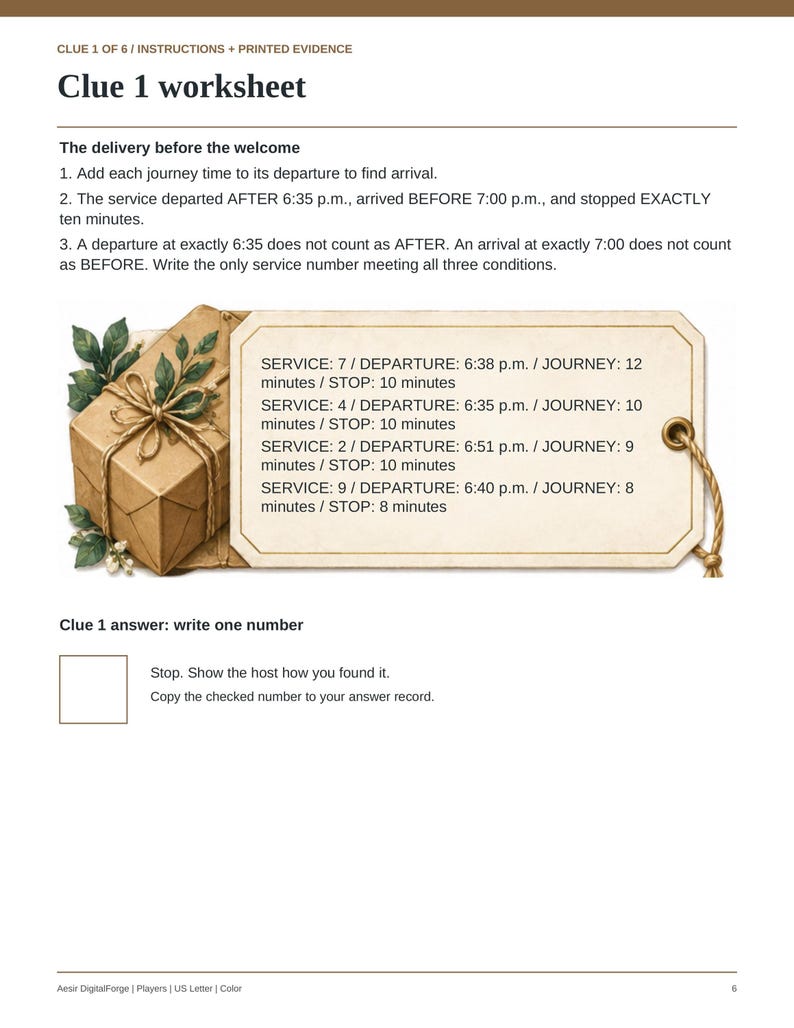 May include: A Clue 1 worksheet page featuring a brown gift box with green leaves and a cream-colored tag. The text lists four services with departure, journey, and stop times. The page includes instructions for a logic puzzle and a blank answer box.