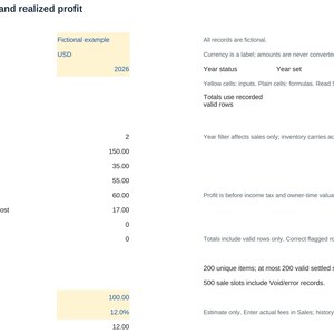 Puede incluir: Una hoja de c&aacute;lculo digital titulada Reseller inventory and realized profit, que muestra datos financieros para 2026. Incluye filas para ingresos brutos, reembolsos, costos de adquisici&oacute;n y beneficio realizado, con celdas de entrada amarillas.