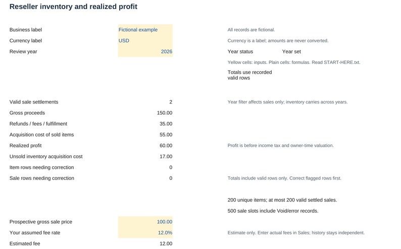 Puede incluir: Una hoja de c&aacute;lculo digital titulada Reseller inventory and realized profit, que muestra datos financieros para 2026. Incluye filas para ingresos brutos, reembolsos, costos de adquisici&oacute;n y beneficio realizado, con celdas de entrada amarillas.