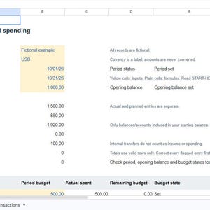 May include: A digital spreadsheet titled Household income and spending, featuring columns for labels and values. It displays financial data including period dates, opening balance, actual income, actual spending, and expense categories like Housing.