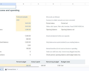May include: A digital spreadsheet titled Household income and spending, featuring columns for labels and values. It displays financial data including period dates, opening balance, actual income, actual spending, and expense categories like Housing.