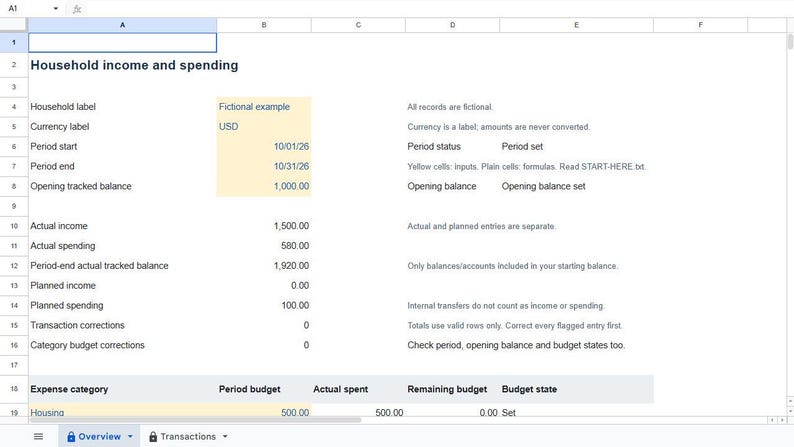 May include: A digital spreadsheet titled Household income and spending, featuring columns for labels and values. It displays financial data including period dates, opening balance, actual income, actual spending, and expense categories like Housing.