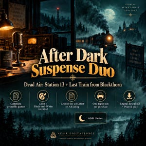 Puede incluir: Un producto de descarga digital titulado After Dark Suspense Duo que incluye Dead Air: Station 13 y Last Train from Blackthorn. La imagen muestra un tren de vapor, un micr&oacute;fono e iconos para juegos imprimibles y tama&ntilde;os de papel.