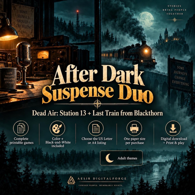 Puede incluir: Un producto de descarga digital titulado After Dark Suspense Duo que incluye Dead Air: Station 13 y Last Train from Blackthorn. La imagen muestra un tren de vapor, un micr&oacute;fono e iconos para juegos imprimibles y tama&ntilde;os de papel.