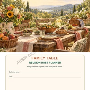 Puede incluir: Una página de planificador digital titulada FAMILY TABLE REUNION HOST PLANNER con el texto Bring everyone together, one clear plan at a time. Incluye líneas para Gathering name y Date, con AESIR DIGITALFORGE en la parte superior e inferior.