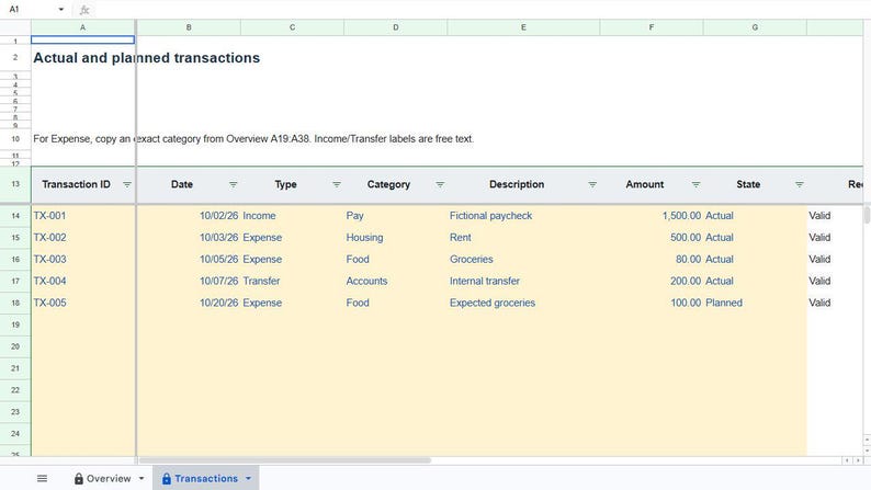 May include: A spreadsheet titled Actual and planned transactions with columns for Transaction ID, Date, Type, Category, Description, Amount, and State. The rows list financial entries including Income, Expense, and Transfer data.