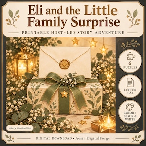 May include: A printable story adventure titled Eli and the Little Family Surprise, featuring a gift box with green ribbon, a heart-sealed envelope, and star-shaped candles. Includes 6 puzzles, letter and A4 formats, and color or black and white options.