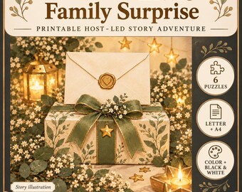 May include: A printable story adventure titled Eli and the Little Family Surprise, featuring a gift box with green ribbon, a heart-sealed envelope, and star-shaped candles. Includes 6 puzzles, letter and A4 formats, and color or black and white options.